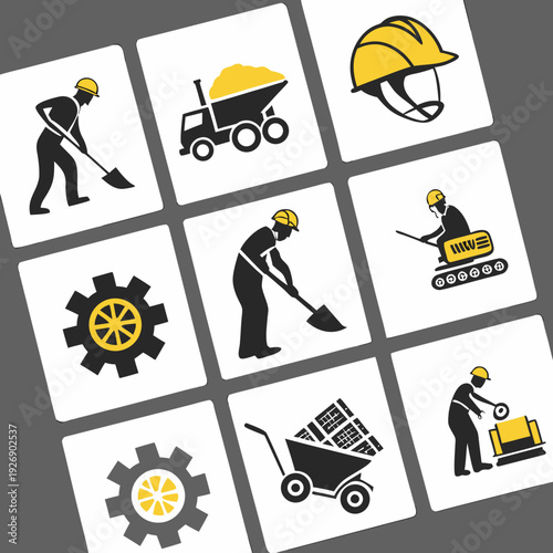 Construction workers and equipment icons Vector