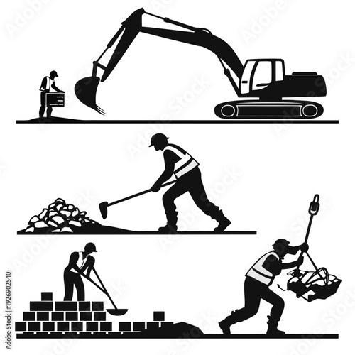Construction workers and heavy machinery at a building site Vector