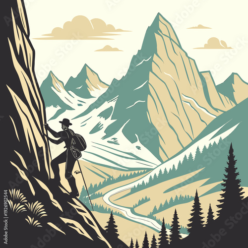 Adventurous climber in silhouette scaling a rugged cliff face amidst a majestic mountain range with a winding path below.