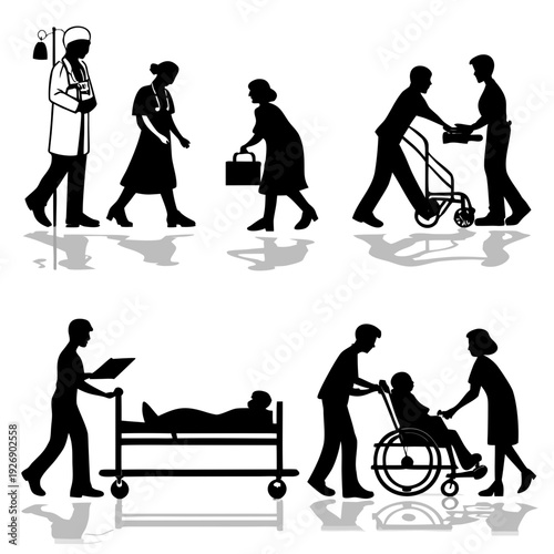 Medical staff assisting patients in various healthcare settings Vector