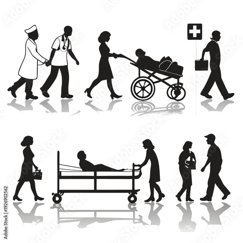 Medical team transporting patients in hospital Vector