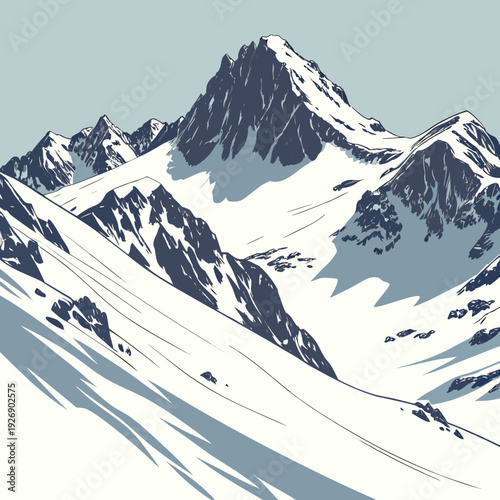 Expansive view of towering snow-covered mountains and slopes under a clear sky, showcasing rugged natural beauty.