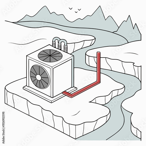 Industrial air conditioning unit on an ice floe in a frozen river, representing climate control in cold environments.