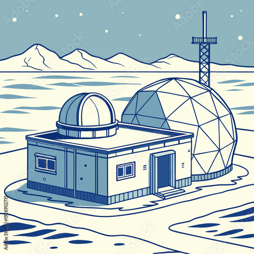 Arctic research station with dome and observatory buildings under starry night sky