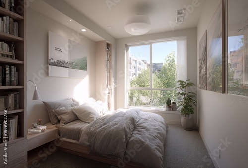 Bedroom interior with sunlight streaming through a window, bed, bookshelves, and artwork