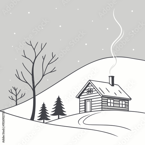 Cozy log cabin on snowy hill with smoking chimney and bare trees on gray winter day
