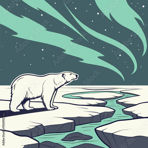 Polar bear on ice floes under vibrant green aurora borealis in arctic night