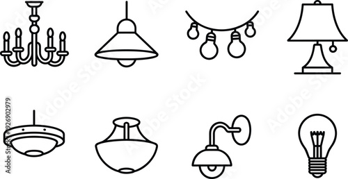 Various types of light fixtures and bulbs in a minimalist line style chandelier pendant light table lamp