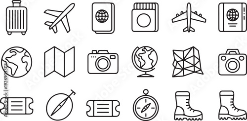 travel icon collection map globe ticket boarding pass camera compass