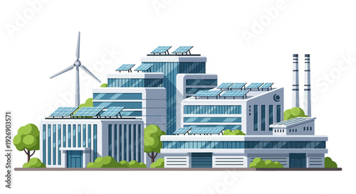 Green City Illustration: Sustainable Buildings, Solar Energy, and Wind Power