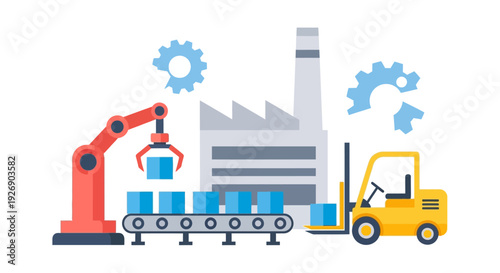 Industrial Automation & Logistics Concept. Factory Production Process with Robotic Arm, Conveyor Belt, Forklift. Flat Vector Icon.