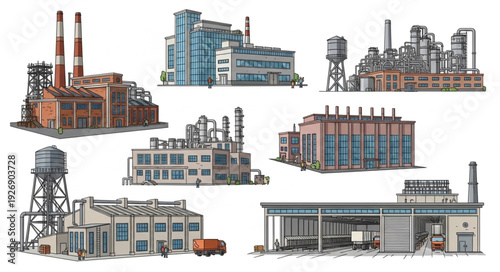 Industrial complex illustration showcasing various factory buildings and structures in detailed architectural style.