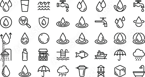 Water icons, conservation symbols, droplet graphics, faucet design, rain cloud illustration, swimming pool art, umbrella sign, fish icon, boat symbol, wave pattern