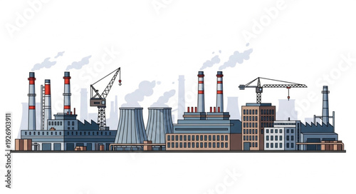 Industrial complex with factories and smoke stacks, a visual representation of industry.