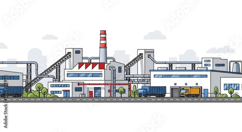 Modern industrial complex with various buildings and structures under a clear sky.