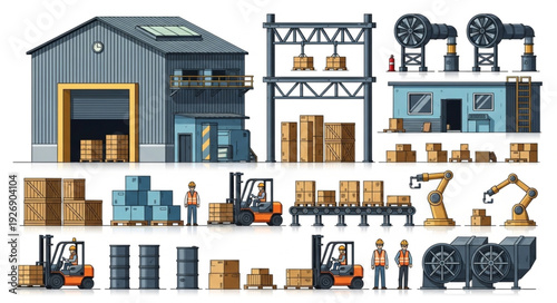 Warehouse and industrial equipment, including forklifts, robots, and storage boxes.