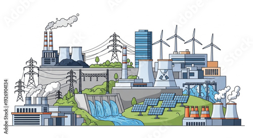 Diverse energy sources illustration showcasing sustainable power generation and infrastructure.