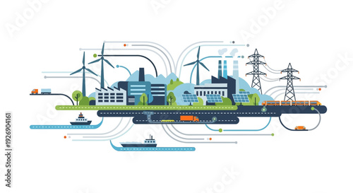 Sustainable Industry & Green Energy Logistics Network. Modern Cityscape with Factories, Wind Turbines, Solar Panels, Transportation Infrastructure.