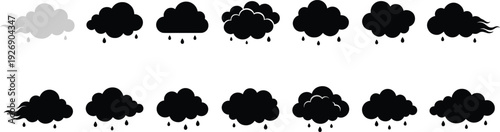 Rain cloud icons, storm weather symbols, rainfall illustration, windy rain graphics, meteorology design, climate change art, forecast elements, stormy sky