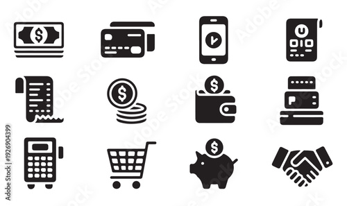 Financial icons for digital payments cash cards mobile phone wallet calculator shopping