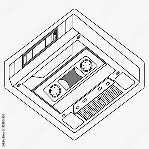 Isometric line art illustration of a vintage audio cassette tape inside its case, retro music technology