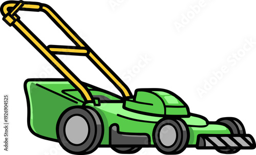 Green Lawn Mower with Yellow Handle on White Background.