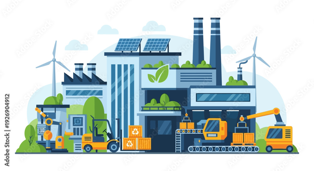 Naklejka premium Sustainable Smart Factory: Green Industry, Renewable Energy, and Automated Manufacturing Logistics