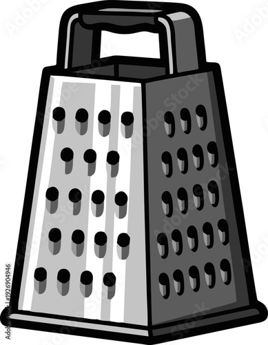 Metal box grater with handle for kitchen use.