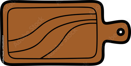 Hand-drawn wooden cutting board with handle and hole for hanging.