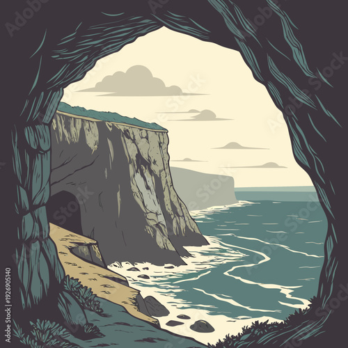 Stylized illustration of a cave opening overlooking a rocky coastline with the ocean and clouds.