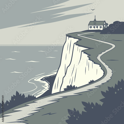 Quaint white house on a dramatic cliff edge overlooking a serene sea and winding path.