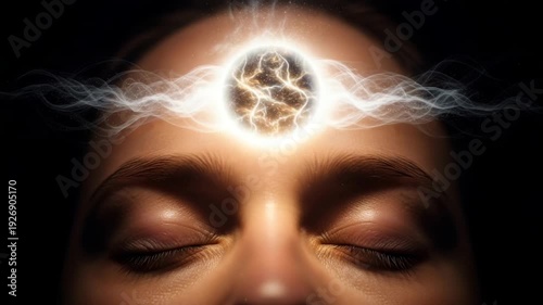 A woman's face in meditation with a glowing third eye chakra. Spiritual energy, mindfulness, and focus concept. Psychic awakening and higher consciousness animation