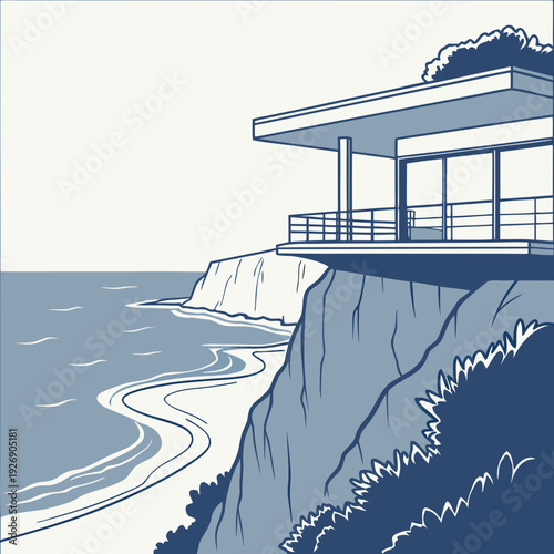 Modern minimalist villa with large windows perched on a cliff overlooking the blue ocean and beach.