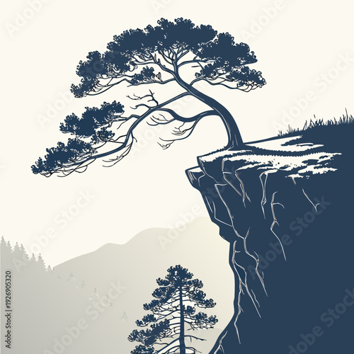 Dramatic silhouette of a windswept pine tree on a cliff overlooking a misty mountain landscape.