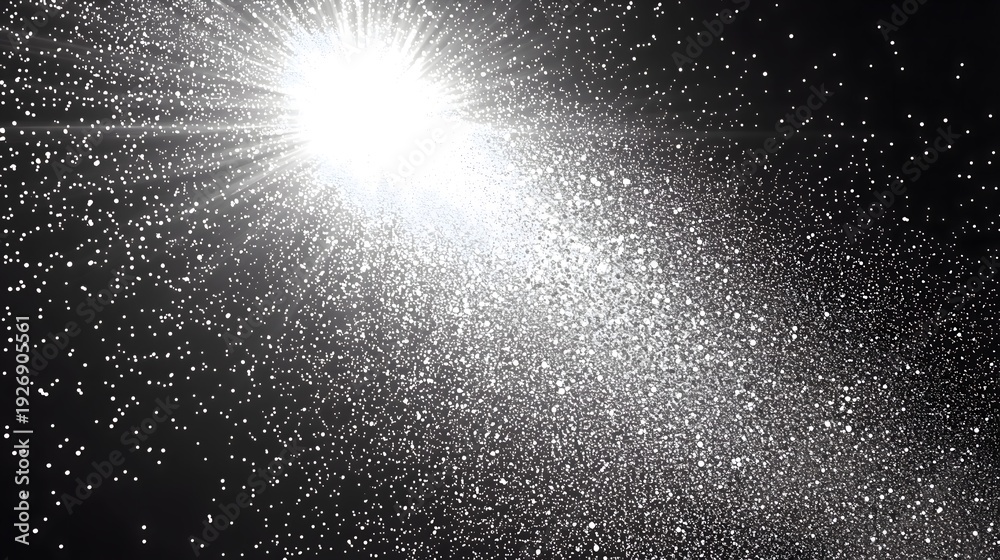 Obraz premium Bright white light burst with glowing sparkles and shimmering dust particles on black background for magic and space concept