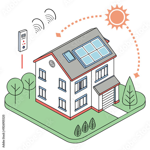 Modern Eco-Friendly House with Solar Power System and Smart Home Automation Illustration