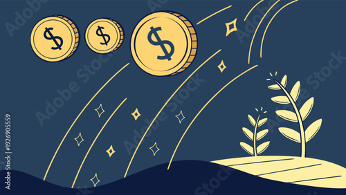 Futuristic money rain illustration with falling gold dollar coins, dark digital background, 3D polygonal style.