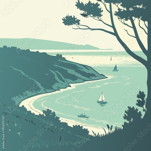 Tranquil Seascape Illustration: Coastal Inlet with Sailboats, Trees, and Gentle Waves
