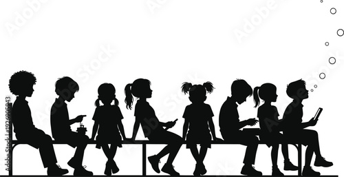 Silhouette of children sitting on bench using smartphones and tablets isolated on white background representing modern childhood, digital learning, and screen time concept