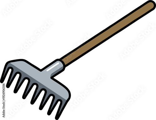 Simple cartoon illustration of a garden rake with a wooden handle and metal tines.