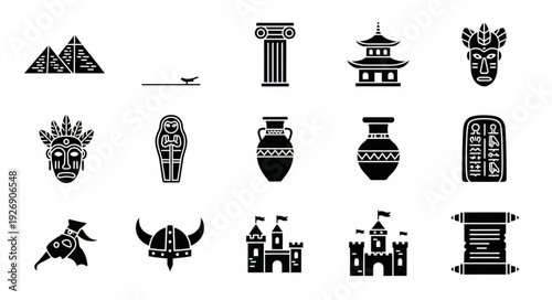 Collection of Ancient Symbols and Architectural Elements in Black and White.