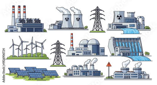 Various power plants and renewable energy sources for sustainable electricity generation.