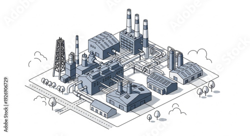 Industrial complex illustration depicting factory buildings and infrastructure in an isometric view.