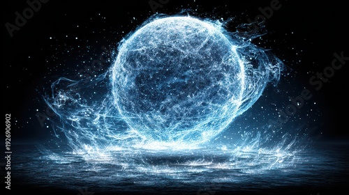 Glowing Blue Sphere of Particles Emanating Energy on Dark Surface with Reflective Shimmering Floor and Floating Pixels in a High Contrast Scene
