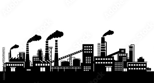 Silhouette of an industrial factory complex with smoke stacks against white background.