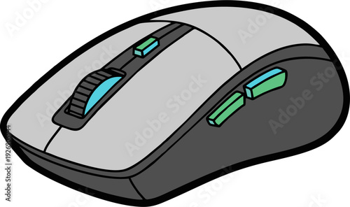Wireless computer mouse with scroll wheel and side buttons.