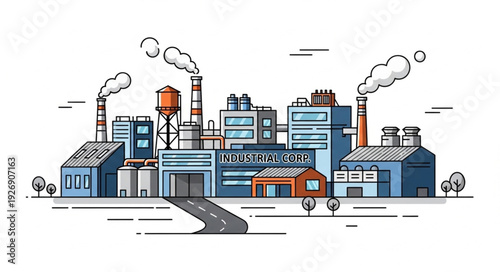 Industrial factory complex with smokestacks and road illustration.