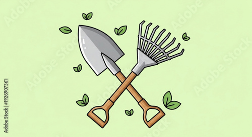 Gardening tools shovel and rake crossed surrounded by leaves on green background symbolizing gardening and cultivation