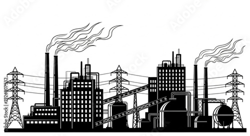 Industrial cityscape silhouette depicting factories, power lines, and pollution emissions.