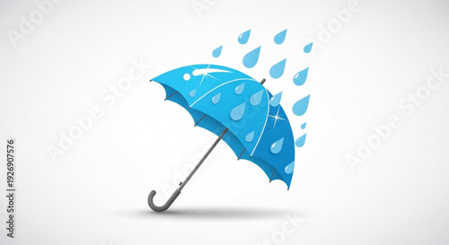 Vibrant blue umbrella with raindrops on white background symbolizing protection and weather